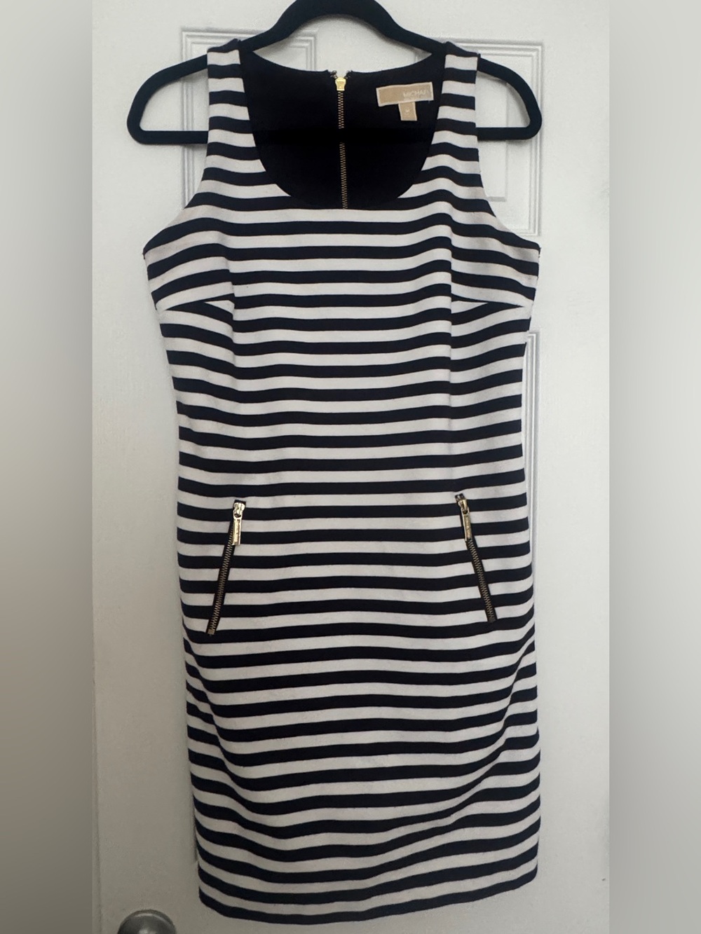 Michael Kors Navy & White Striped Midi Sheath Dress
